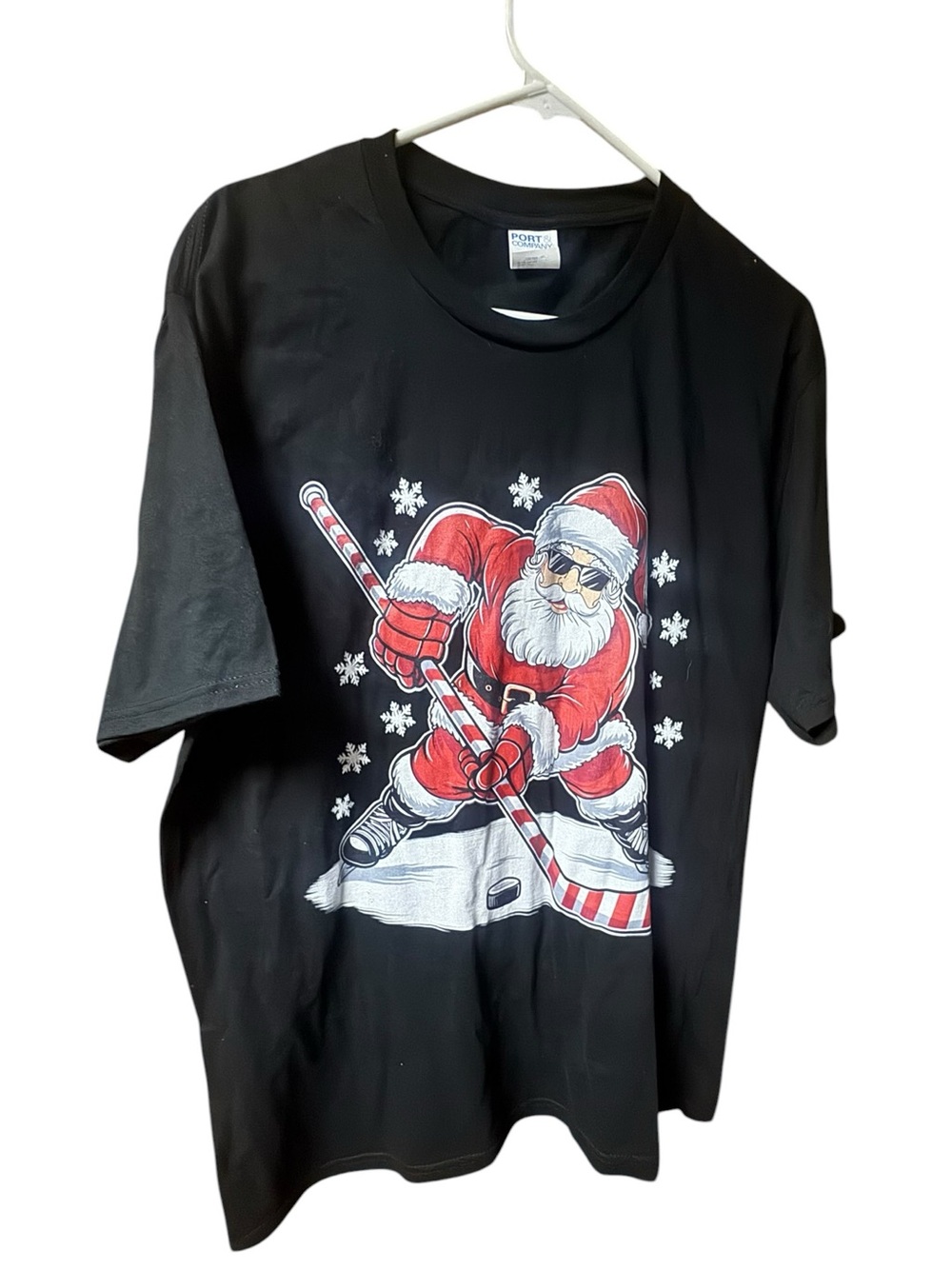 Black Graphic T-Shirt with Hockey Santa